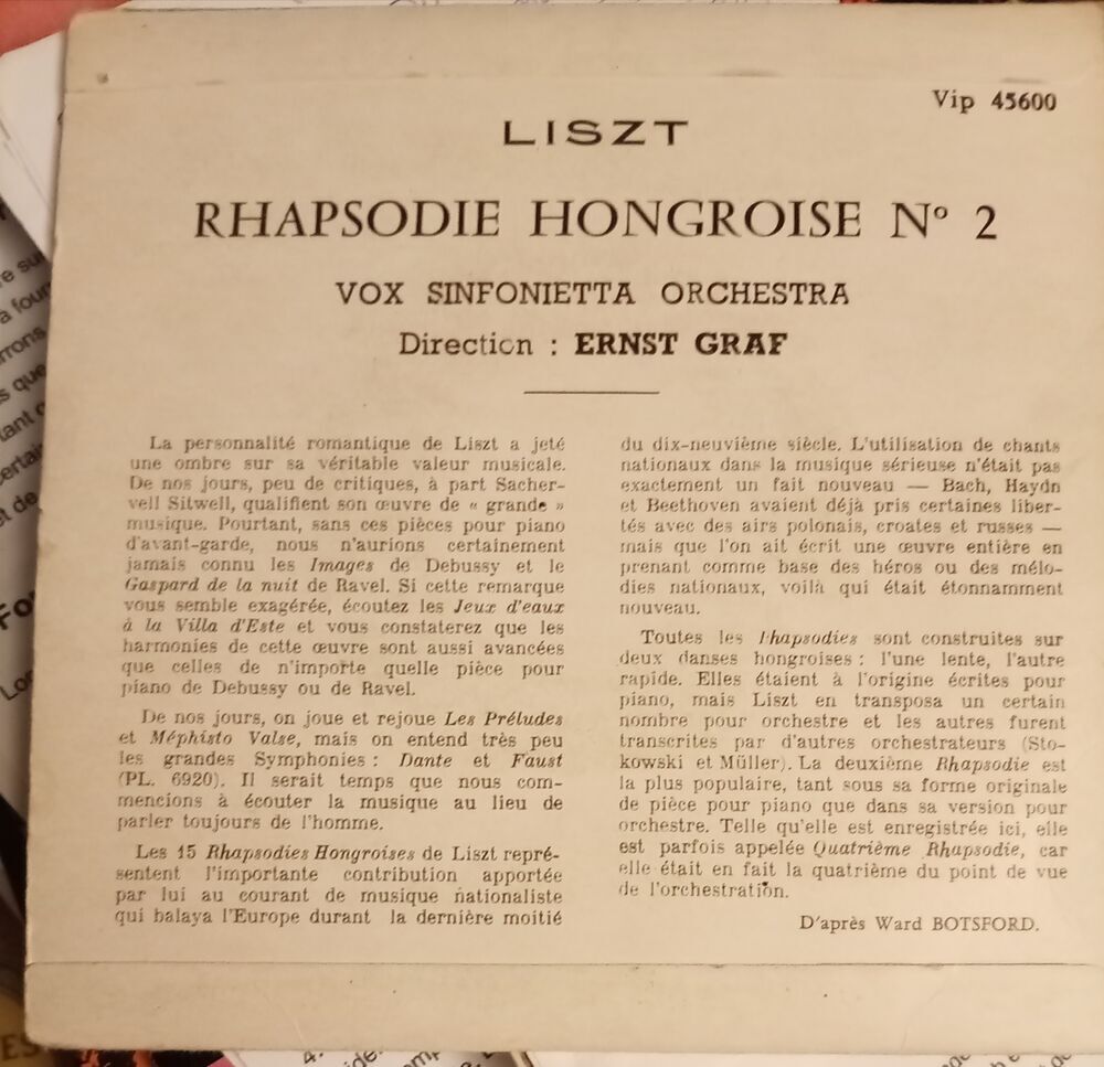 FRANZ LITZT / RAPSODIE HONGROISE NO 2 / VOX SINFONIETA ORCHE CD et vinyles