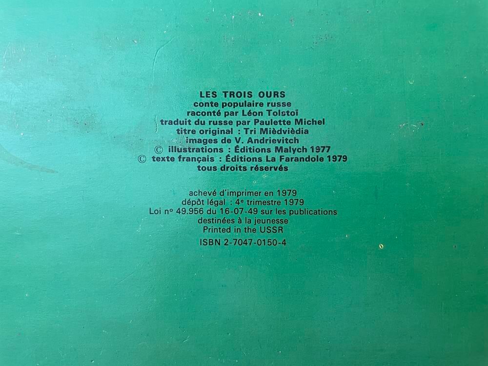 Livre EO ancien 1979 3D LES TROIS OURS conte Russe L.TOLSTO&Iuml; Livres et BD