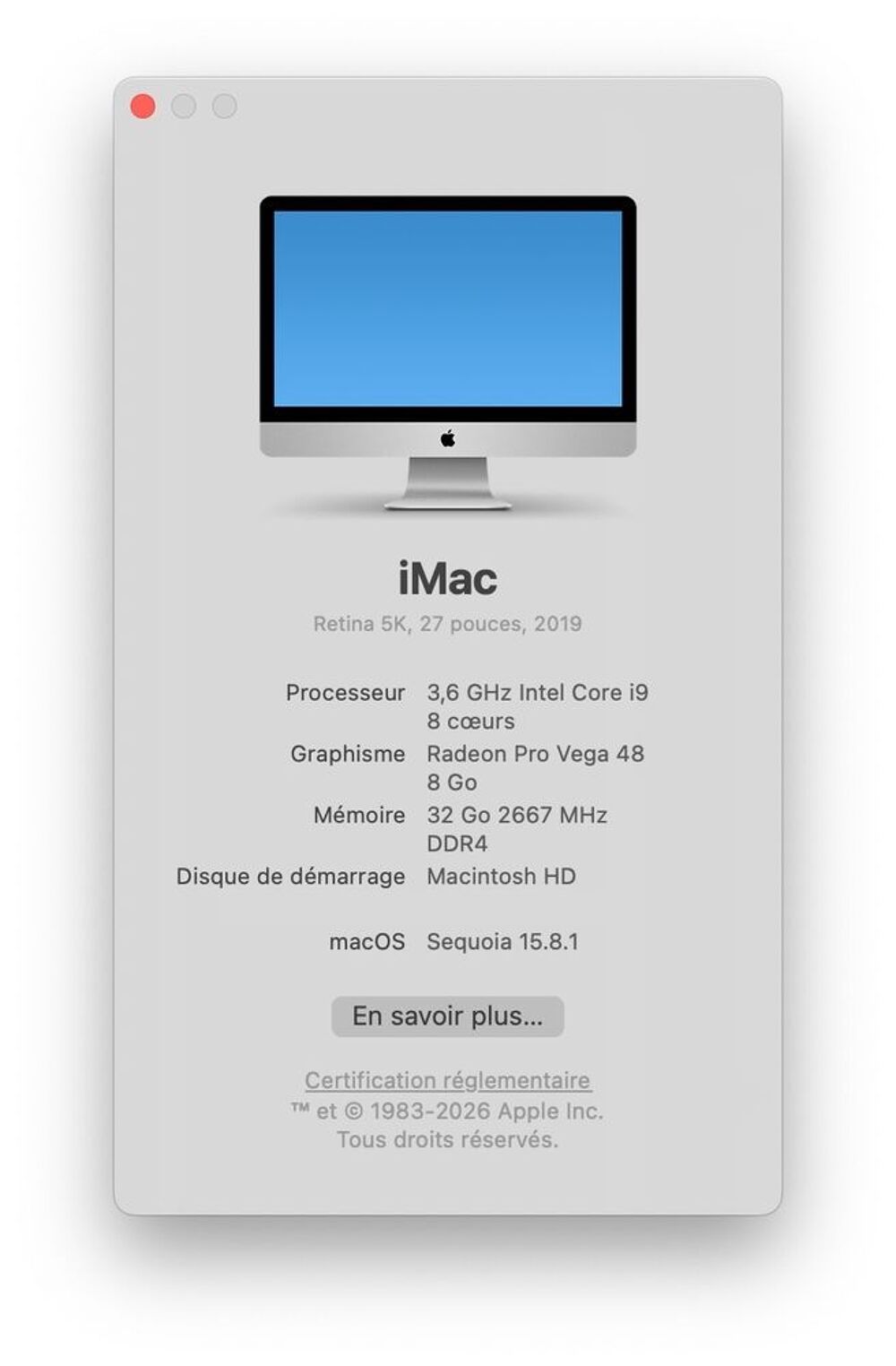 IMac 27" 5K (2019) ? Intel i9 / 32 Go RAM / 1 To SSD / Radeo Matériel informatique