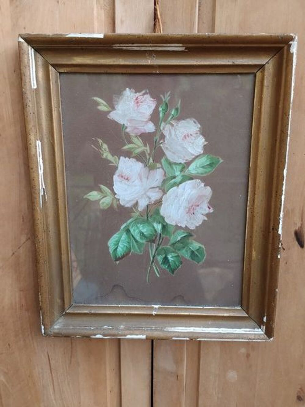 Ancien Tableau Fleurs de Rosiers Rose P&acirc;le Décoration