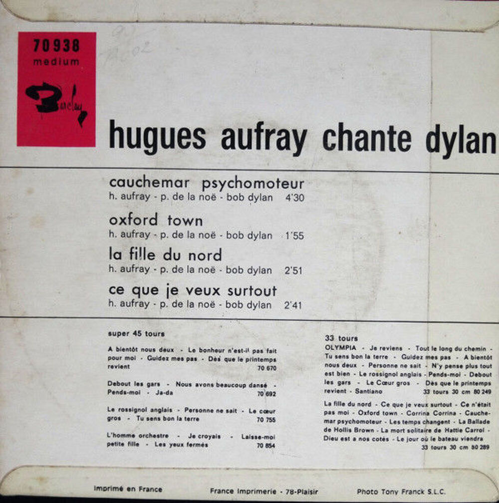 Hugues Aufray ? Chante Dylan ? Barclay ? 1966 CD et vinyles