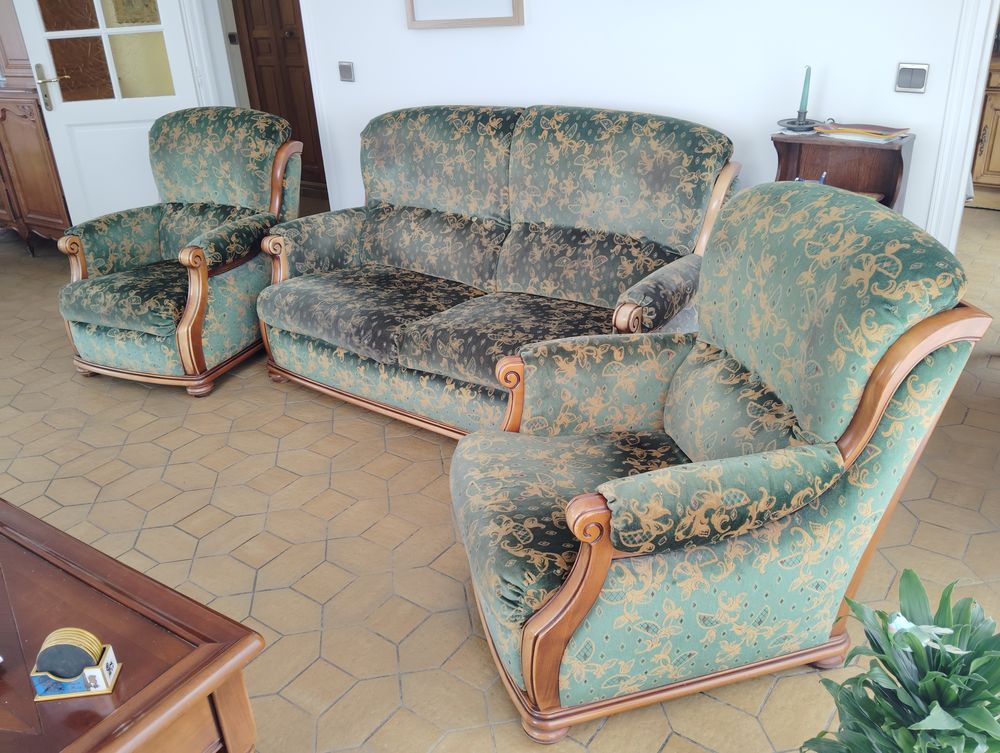 salon vintage en velours vert -canap&eacute; 2 places + 2 fauteuils Meubles