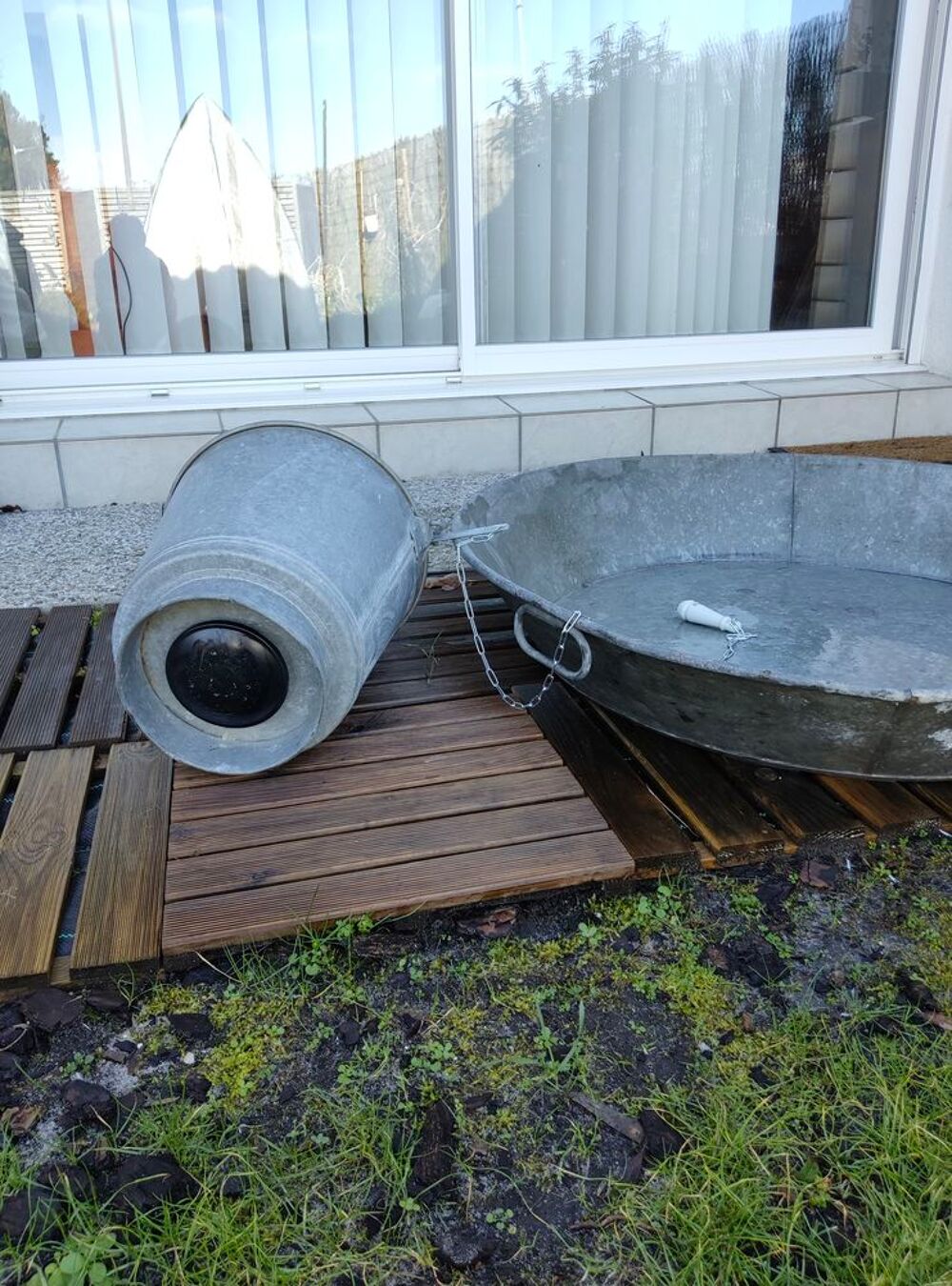 Seau douche vintage et son receveur en zinc Décoration