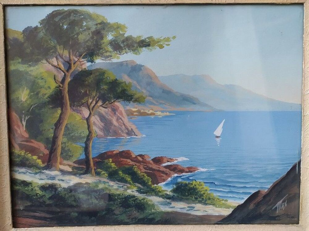 Tableau Marine Paysage C&ocirc;te d'Azur Voilier Gouache Encadr&eacute;e Décoration