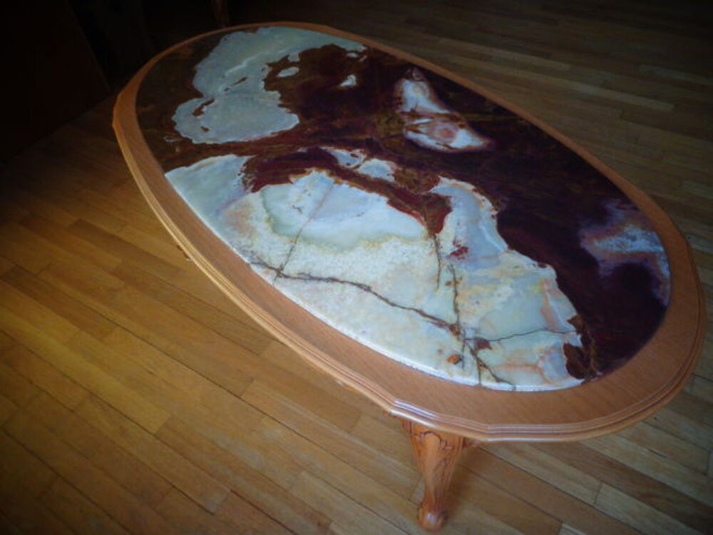Table basse ovale Style Louis XV en h&ecirc;tre massif et Onyx Meubles