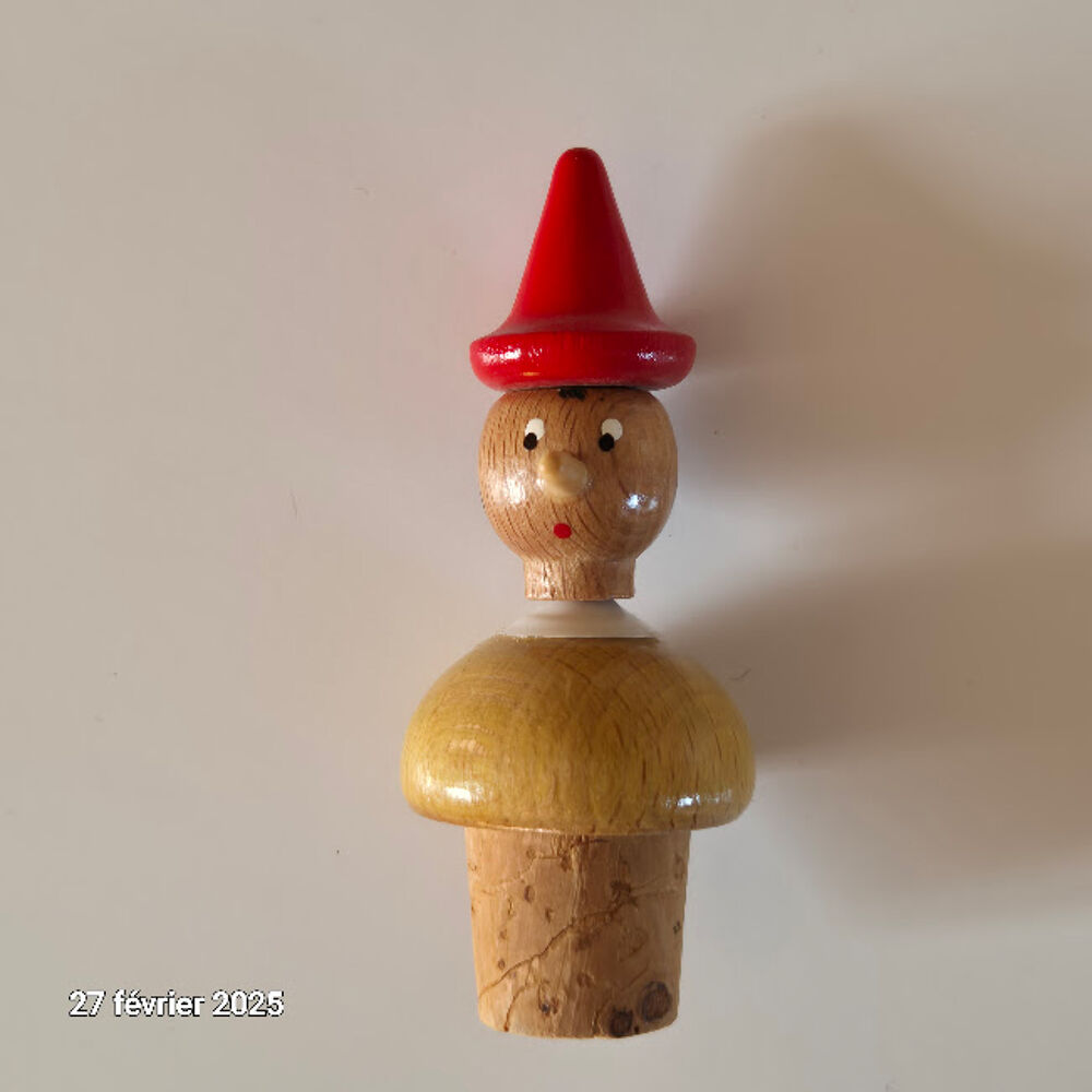 vintage Pinocchio Bouchon de bouteille en li&egrave;ge en bois, Rar Décoration