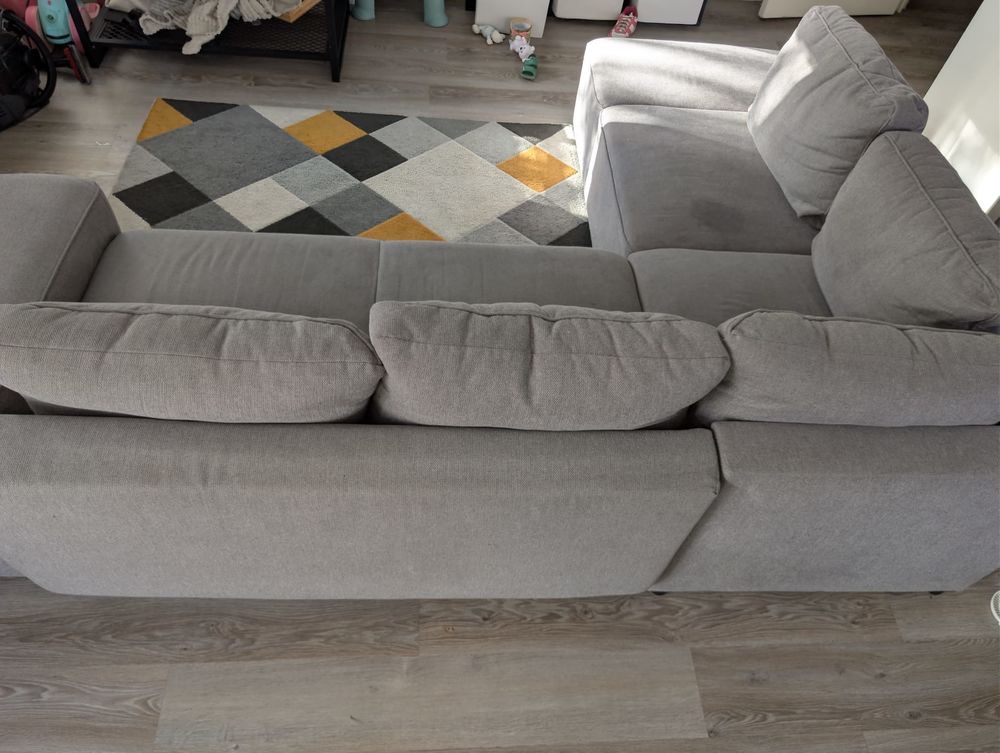 Grand canap&eacute; d'angle convertible gris - Coffre et 2 poufs Meubles