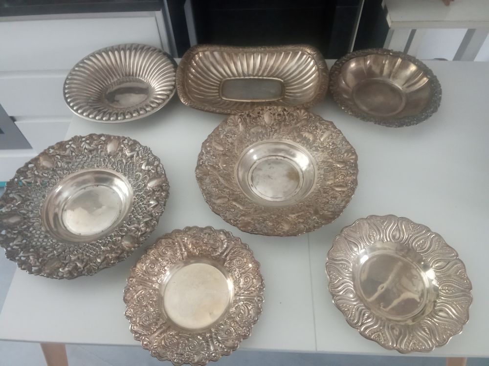 7 corbeilles et plats m&eacute;tal argent&eacute; art nouveau Cuisine