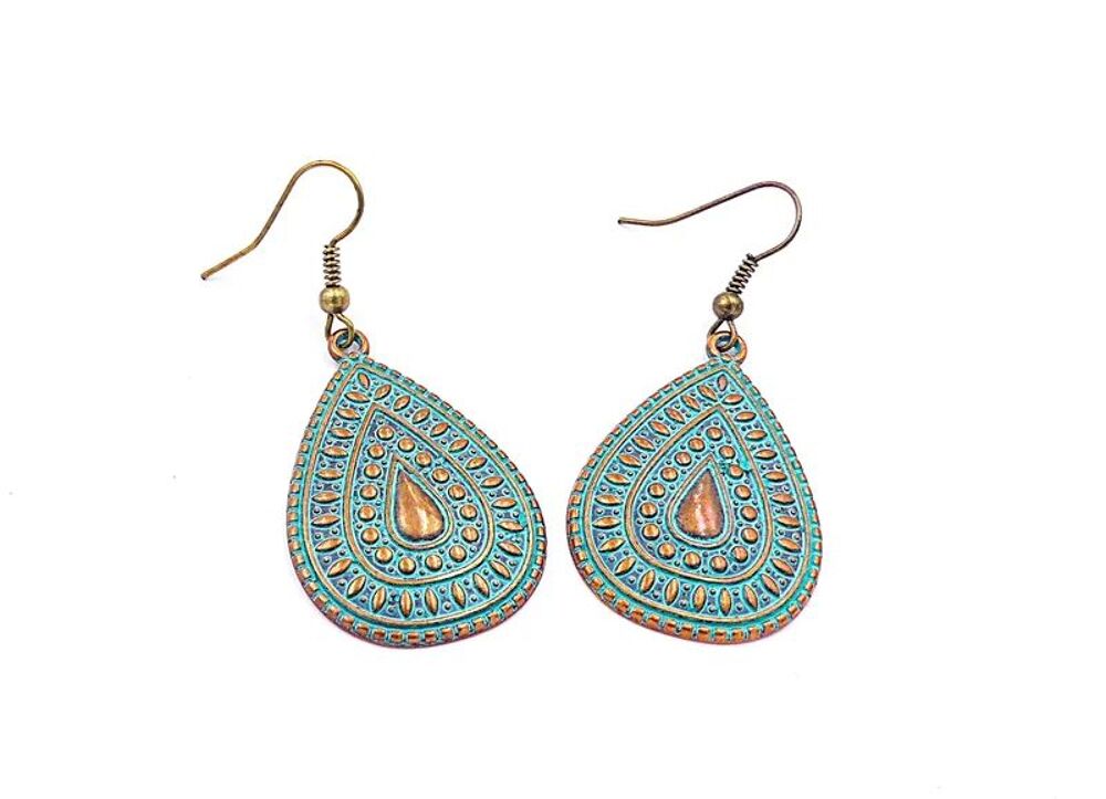Boucles d'oreilles, pendentifs goutte m&eacute;tal cuivr&eacute; patin&eacute; Bijoux et montres