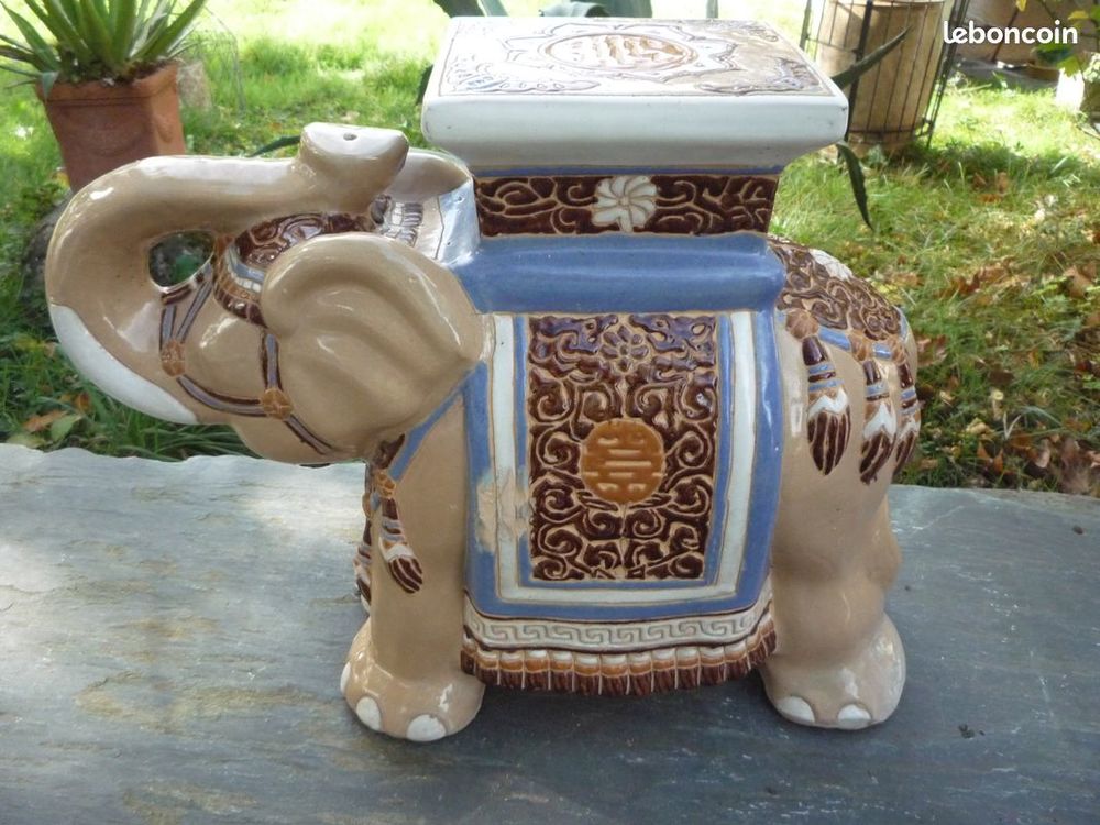 Tabouret / Porte-Plante / &Eacute;l&eacute;phant en C&eacute;ramique &Eacute;maill&eacute;e Décoration