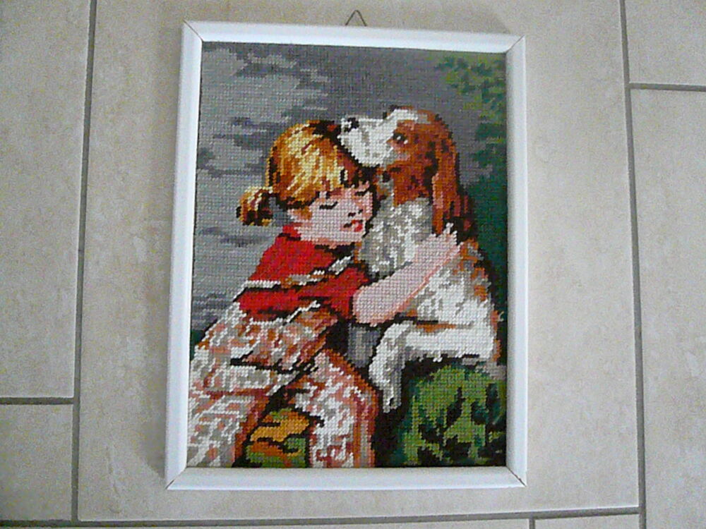 Tableau canevas Fillette et son chien Décoration