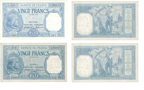  F 11  RARE LOT   DE 2  BILLETS  20 F BAYARD   SUP 598 Raismes (59)