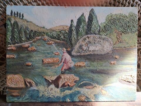 Ancien Tableau Pêcheur Rivière Pêche à la Truite XXème 40 Loches (37)