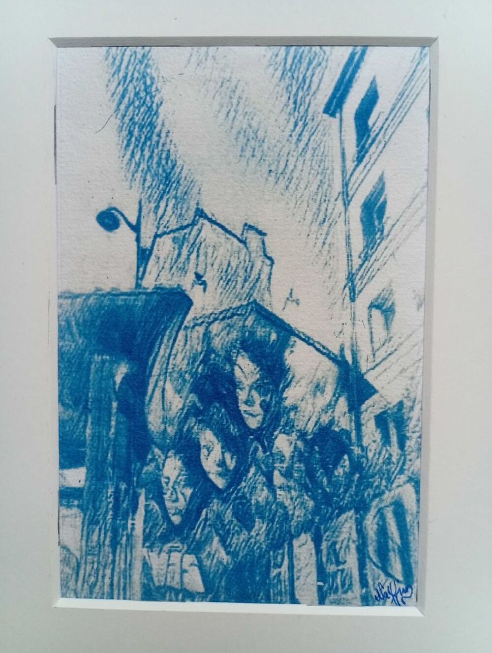 Photographie en Cyanotype, Proc&eacute;d&eacute; Photographique 1842, Bleu de Prusse, Papier Aquarelle professionnel, ""Les Orphelins", 20, 8cm/16,5cm/encadrement Décoration