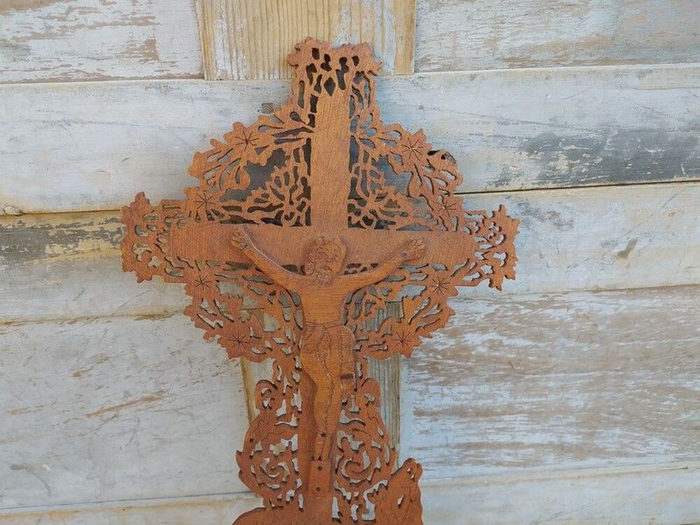 Ancien Crucifix Bois Chantourn&eacute; Croix Christ Religious Cross 