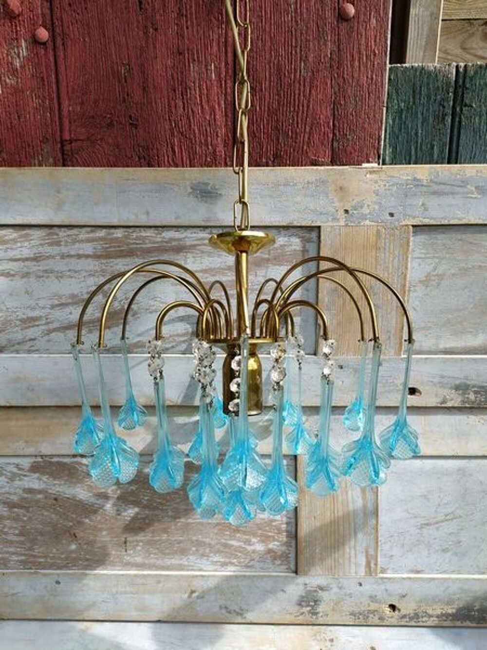 Lustre Pampilles Bleues Verre de Murano Vintage 
Décoration