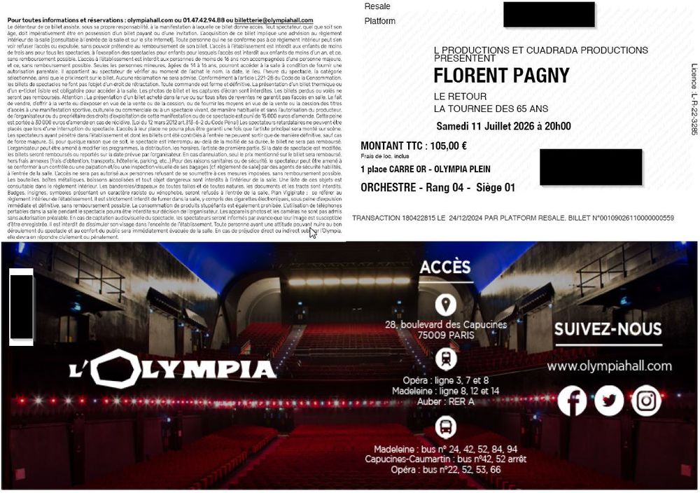 Billets concert Florent PAGNY &agrave; l'Olympia Billetterie