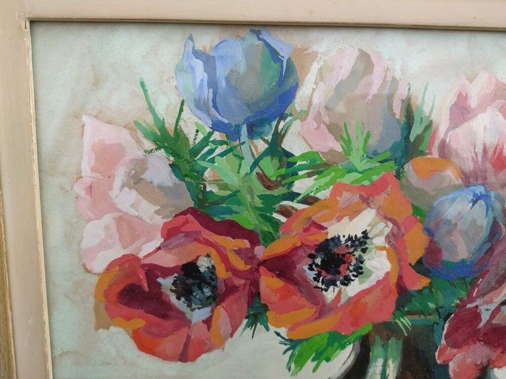 Tableau Nature Morte aux Coquelicots Gouache sign&eacute; M.Lacombe Décoration