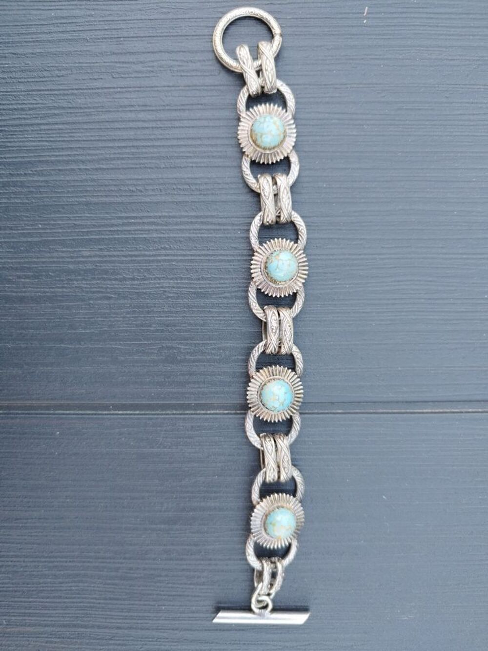 BRACELET Vintage M&eacute;tal argent&eacute;, TURQUOISES/ann&eacute;es 60 Bijoux et montres