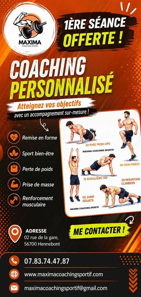 Coaching personnalis&eacute; ? 1&egrave;re s&eacute;ance OFFERTE ! 0 56700 Hennebont