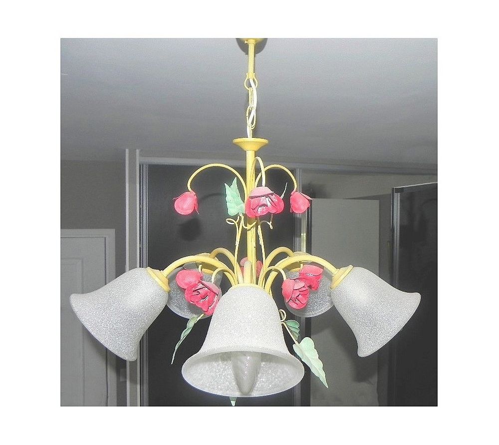 Lustre, suspension 5 branches, verres en opaline Décoration