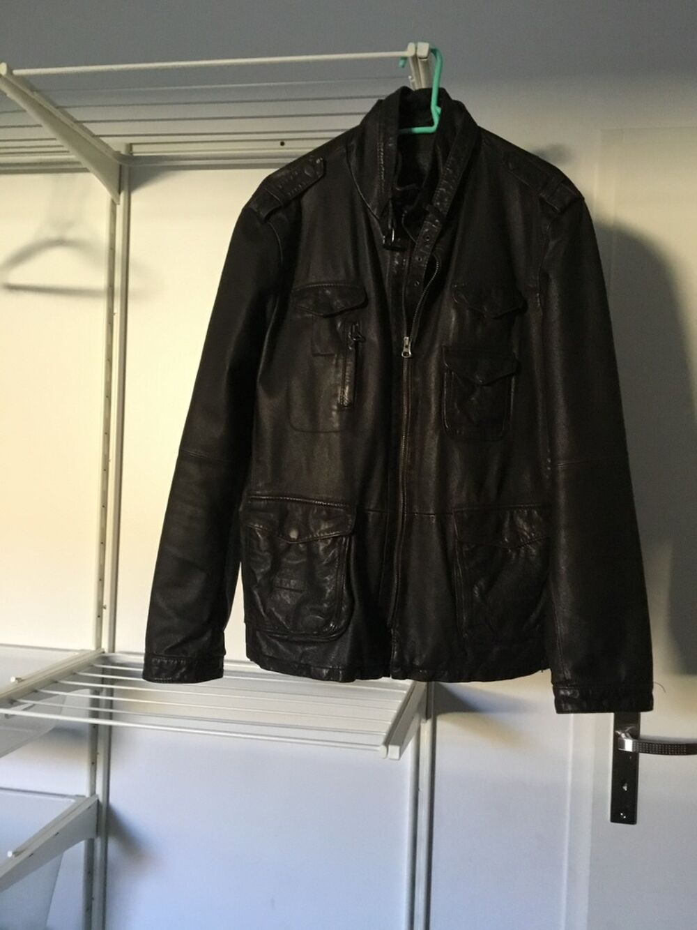Veste en cuir noir homme multipoches Vêtements