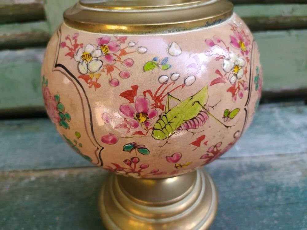 Ancienne Lampe &agrave; P&eacute;trole Fa&iuml;ence XIX&egrave;me japonisant Décoration