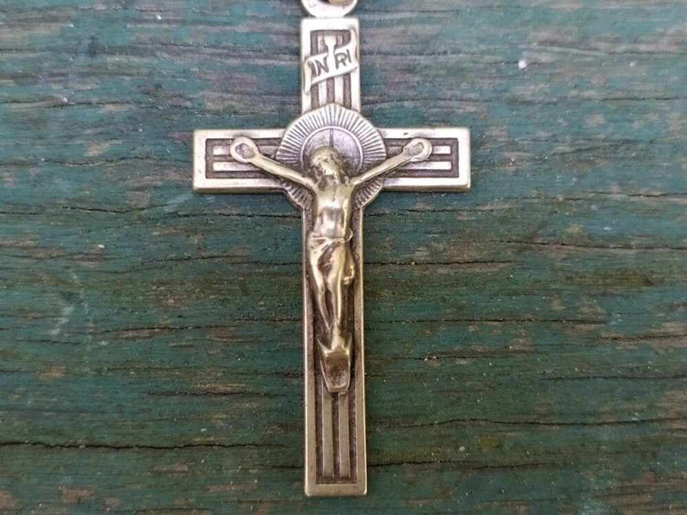 Ancien Chapelet Am&eacute;thyste Croix M&eacute;tal Argent&eacute; Religieux 
