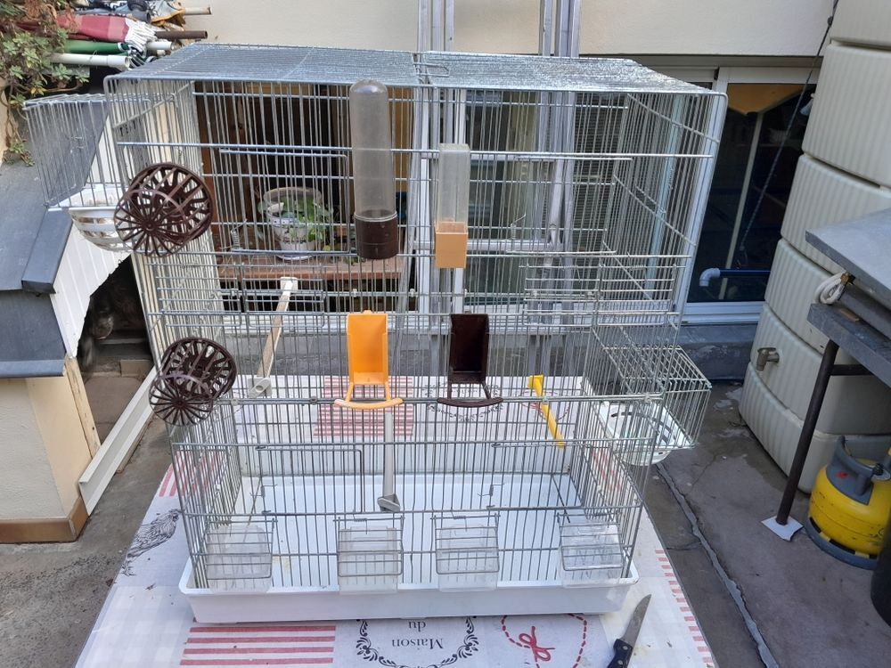   cage oiseaux  avec accessoires
dimensions 28x55x64  metal  

