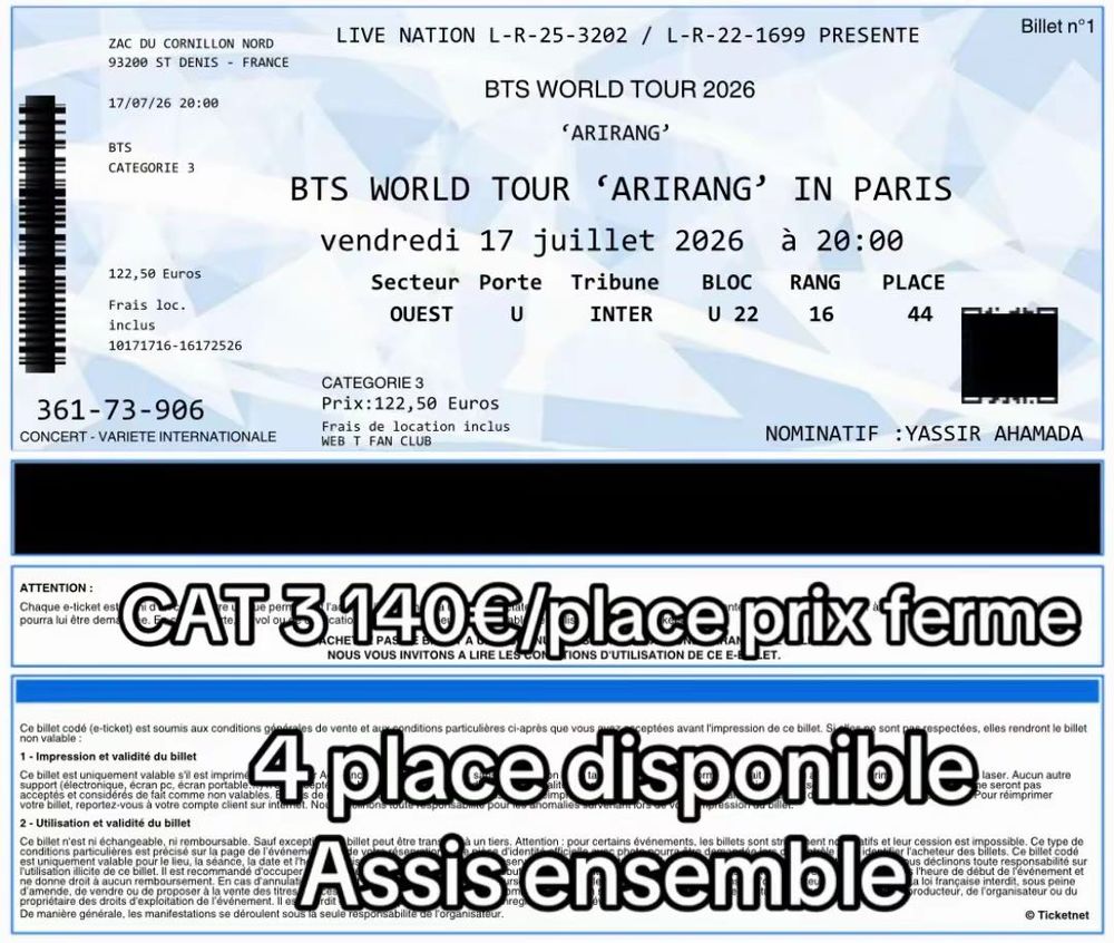 place de concert BTS Billetterie