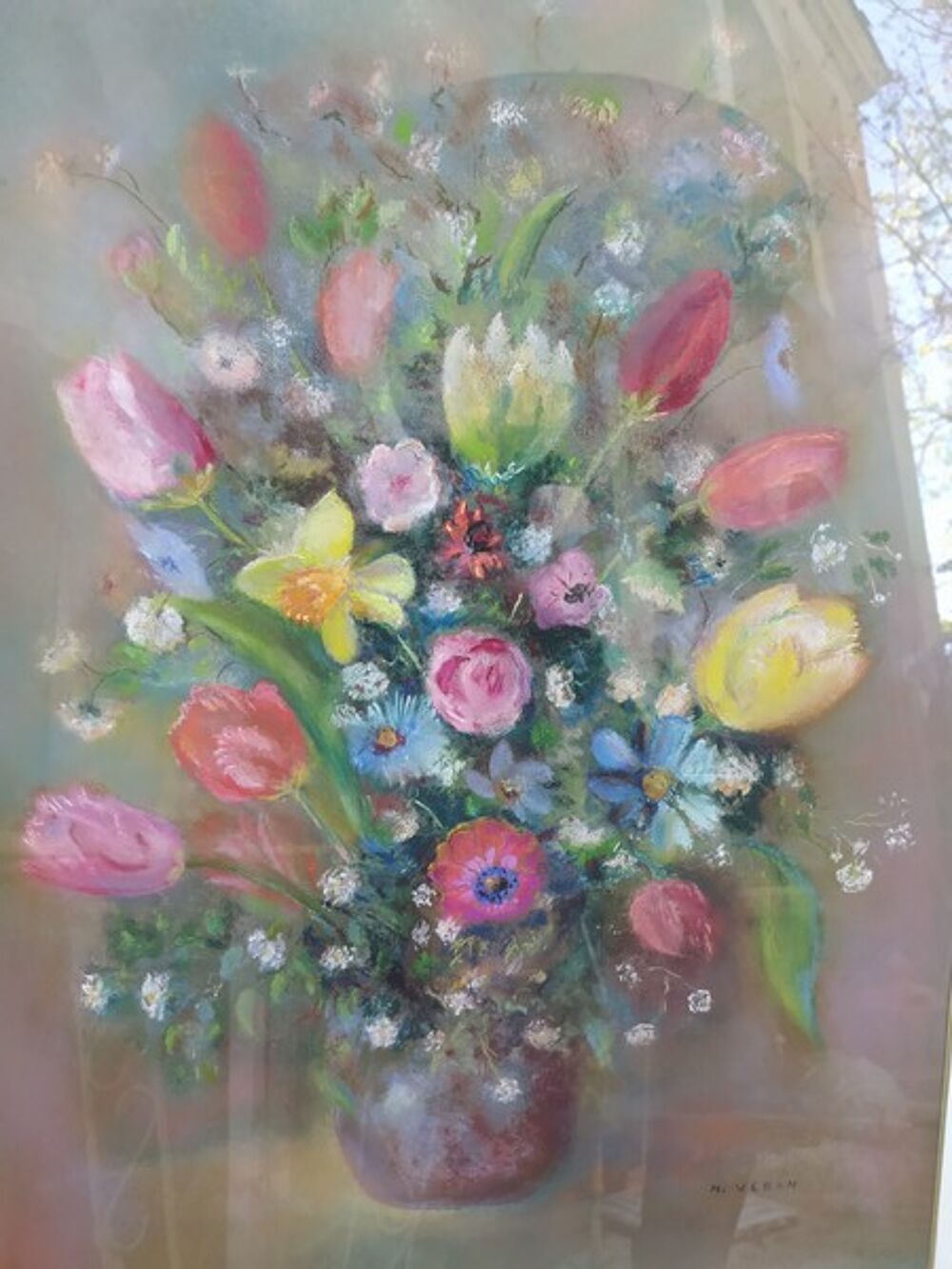 Tableau Pastel Bouquet de Fleurs Sign&eacute; Veron
