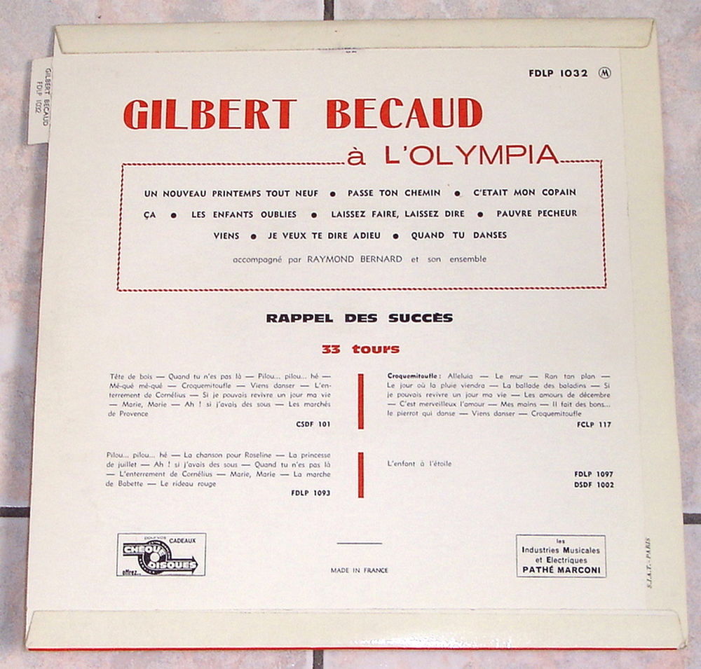 GILBERT B&Eacute;CAUD-LP 25cm-TOUR DE CHANT A L'OLYMPIA-LANGUETTE CD et vinyles