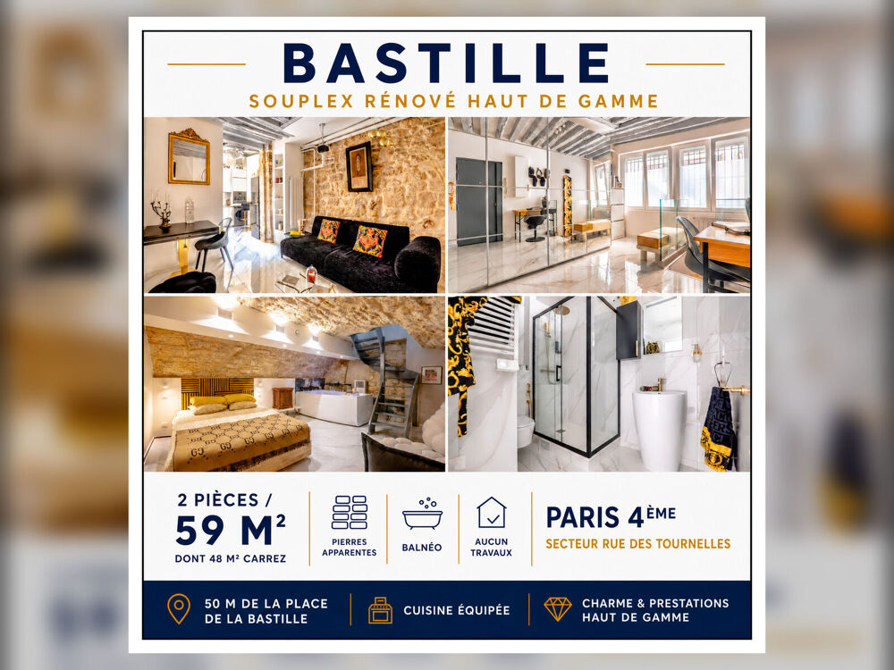 Vente Appartement Bastille Souplex rénové haut de gamme 48 m² ( 59 m² au sol) Paris 4