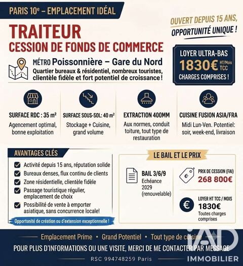 Vente Restauration rapide 80 m&sup2; 268800 75010 Paris
