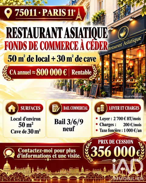 Vente Restaurant 80 m&sup2; 356000 75011 Paris