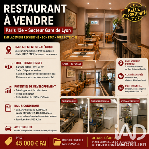 Vente Restaurant 58 m&sup2; 45000 75012 Paris