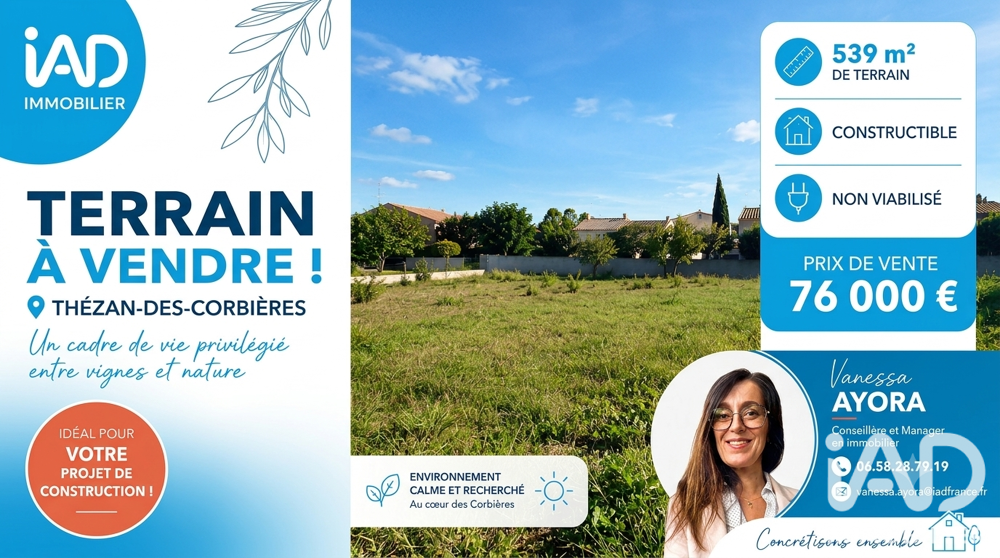 Vente Terrain Vente Terrain à bâtir 539 m&sup2; Thézan-des-corbières
