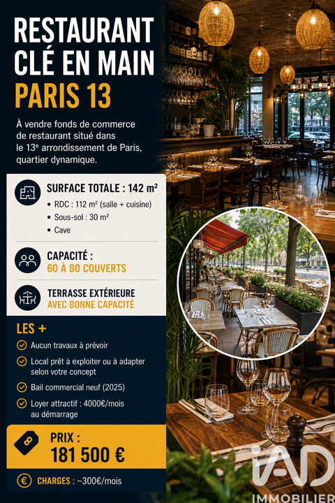 iad France - Ren&eacute; Laulusa vous propose: RESTAURANT CL... 181500 75013 Paris