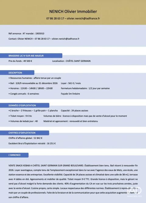   Vente Restauration rapide 52 m&sup2; 