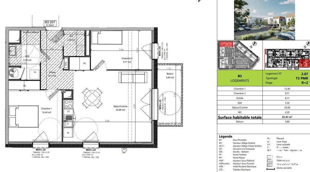 vente Appartement - 3 pièce(s) - 62 m² Bretteville-sur-Odon (14760)