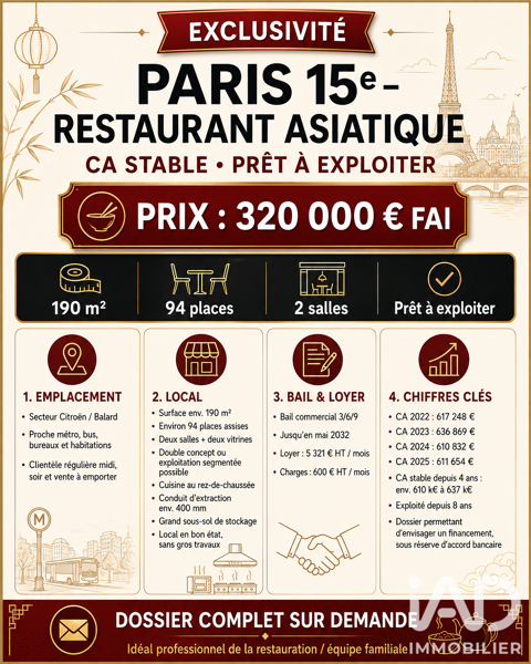 Vente Restaurant 190 m&sup2; 320000 75015 Paris