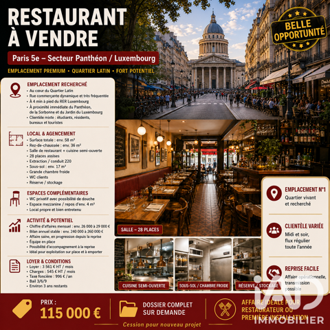 Vente Restaurant 58 m&sup2; 115000 75005 Paris