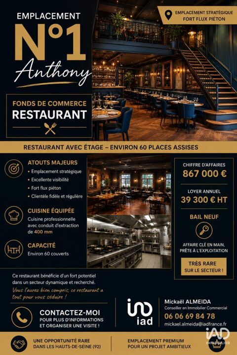 Vente Restaurant 140 m&sup2; 588000 92160 Antony
