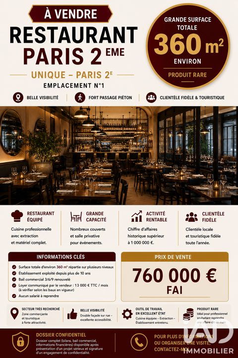 Vente Restaurant 360 m&sup2; 760000 75002 Paris