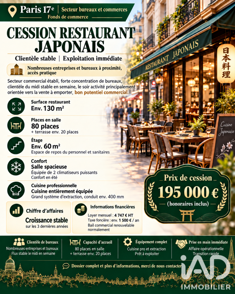 Vente Restaurant 130 m&sup2; 195000 75017 Paris