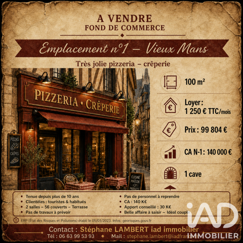 Vente Cr&ecirc;perie, Pizzeria 100 m&sup2; 99804 72000 Le mans