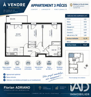  Appartement à vendre 3 pièces 53 m²