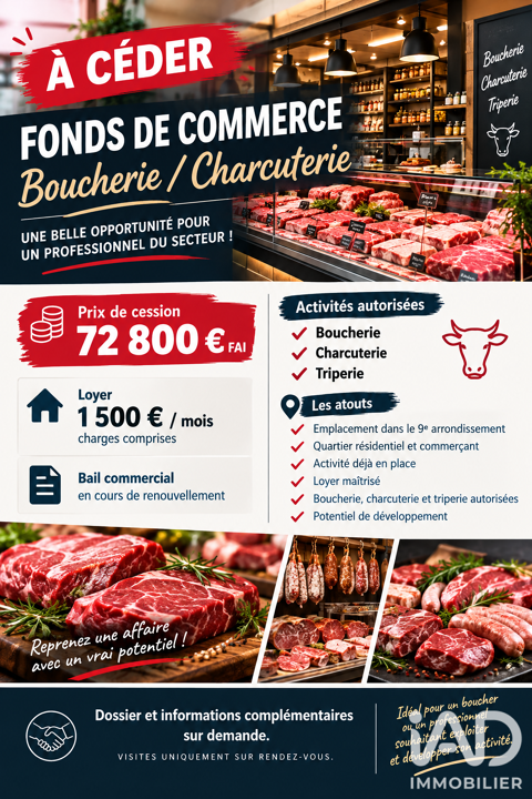 Vente Boucherie, Charcuterie 50 m&sup2; 72800 75009 Paris