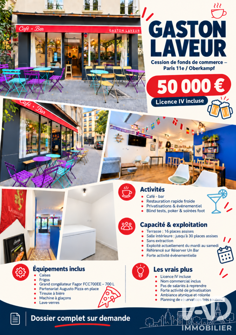 Vente Bar, Brasserie, Tabac 51 m&sup2; 50000 75011 Paris