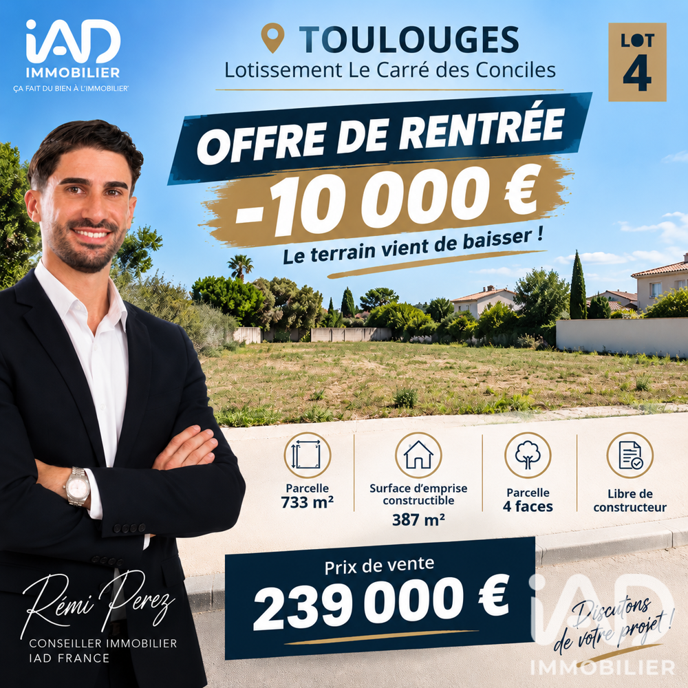 Vente Terrain Vente Terrain à bâtir 733 m&sup2; Toulouges
